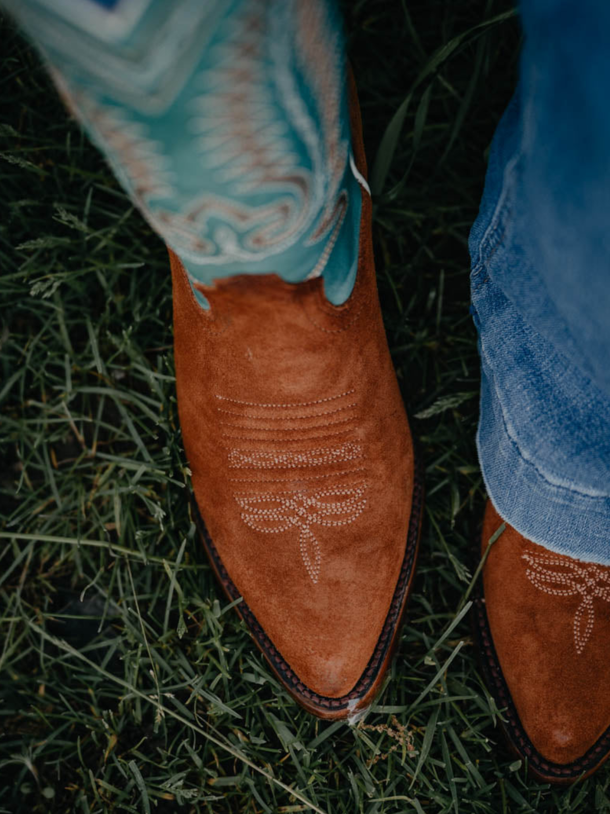 Contrast Teal Green And Brown Faux Suede Almond-Toe Embroidery Wide Mid Calf Cowgirl Boots