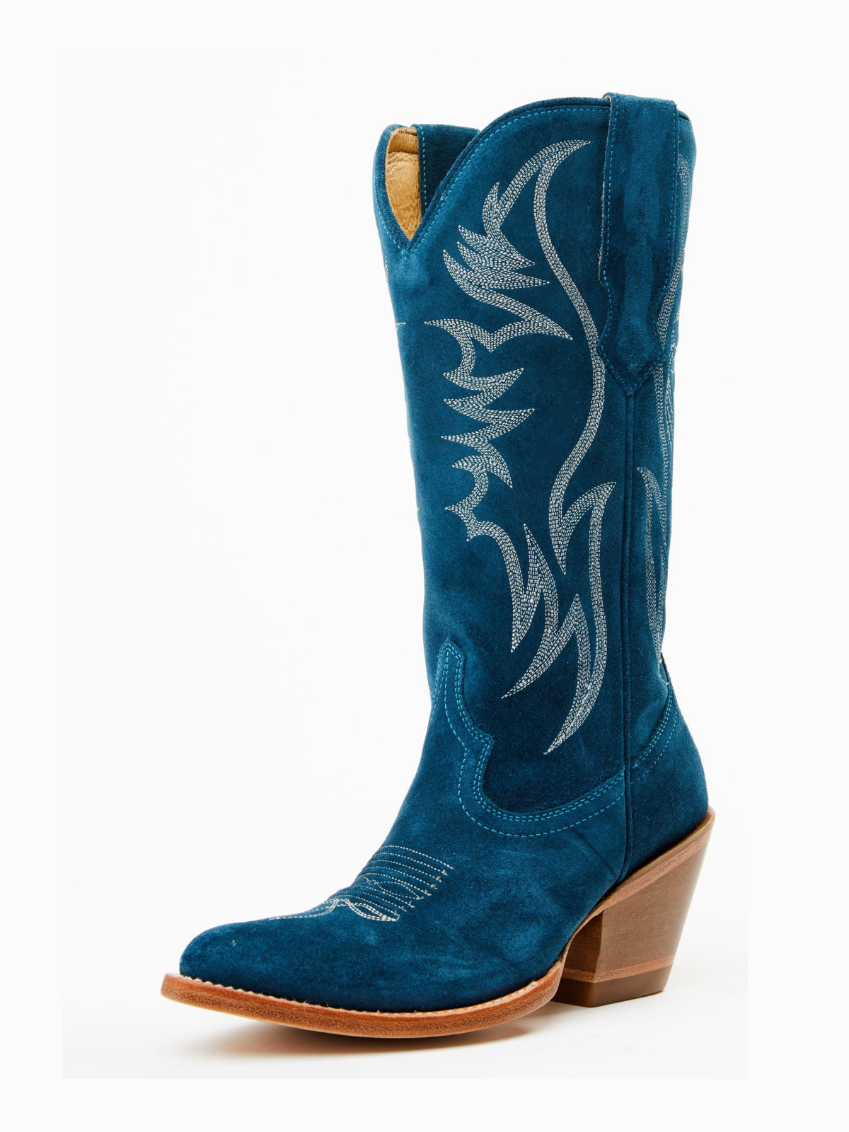 Faux Suede Wings Embroidery Pointed-Toe Wide Mid Calf Tall Cowgirl Boots - Teal Blue