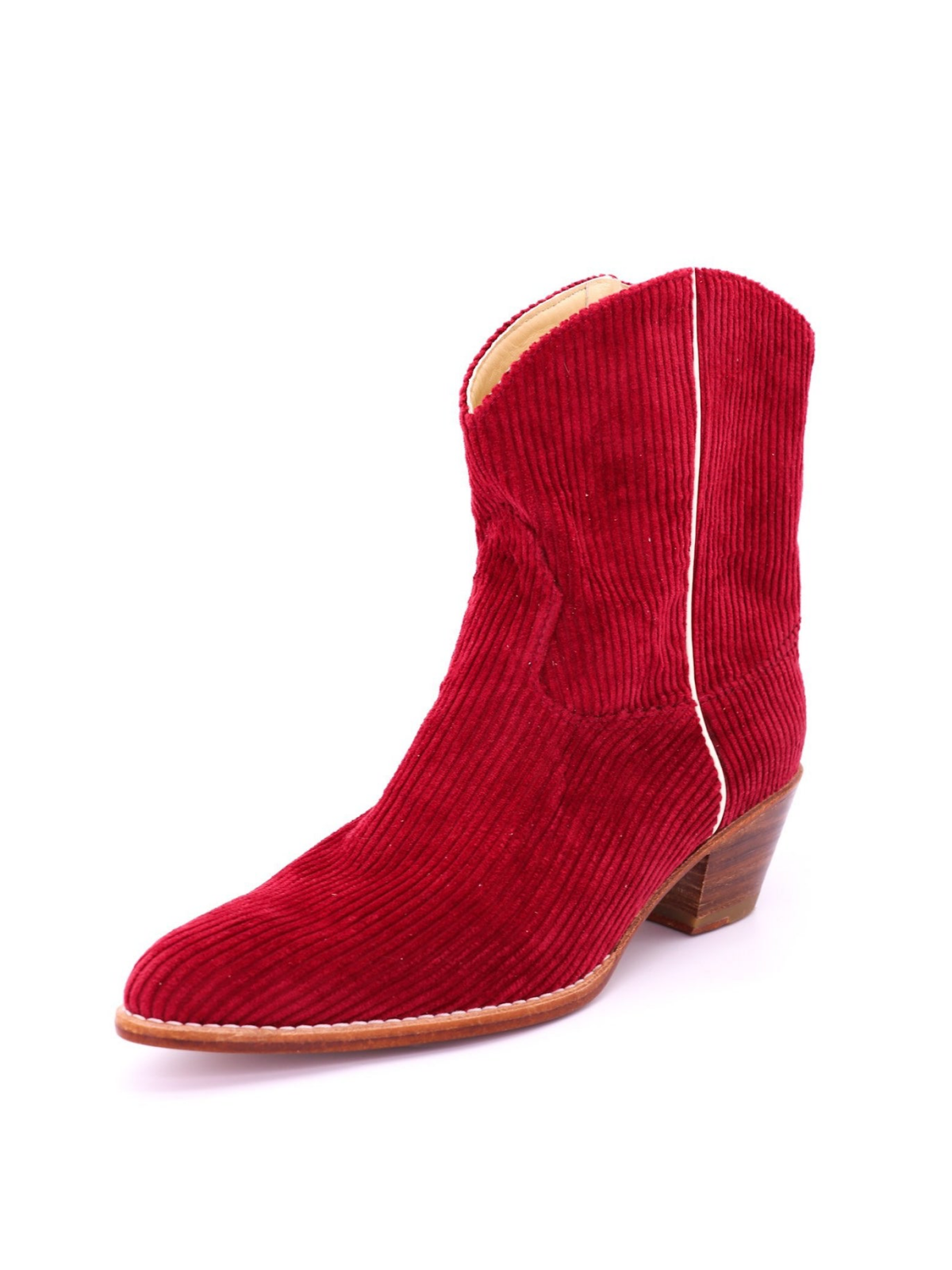 Red Striped Velveteen Almond-Toe Back-Zip Mid Calf Cowgirl Boots