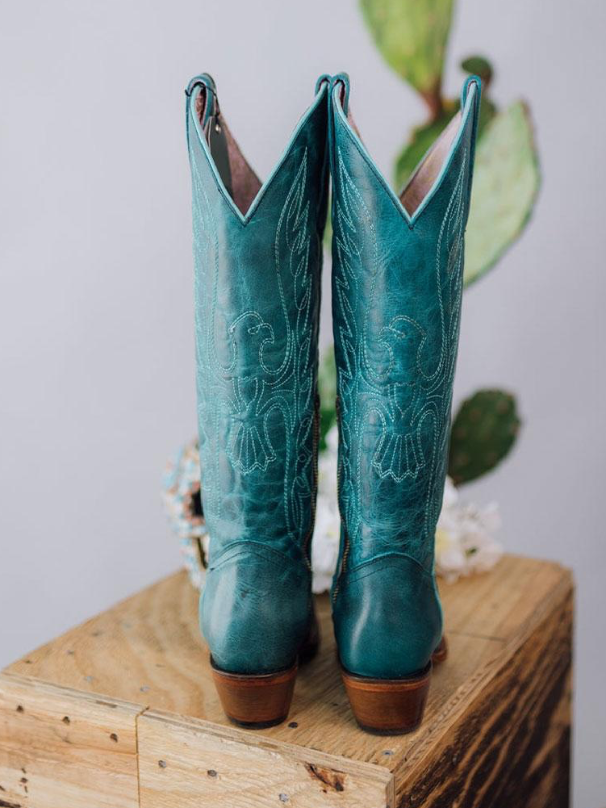 Distressed Turquoise Eagle Embroidery Snip-Toe Half-Zip Cowgirl Knee High Tall Boots