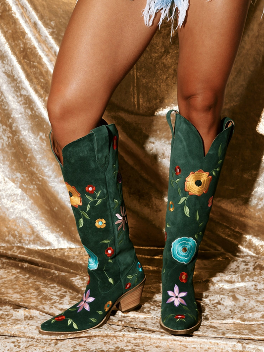 Colorful Floral Embroidery Faux Suede Snip-Toe Wide Mid Calf Cowgirl Boots - Green