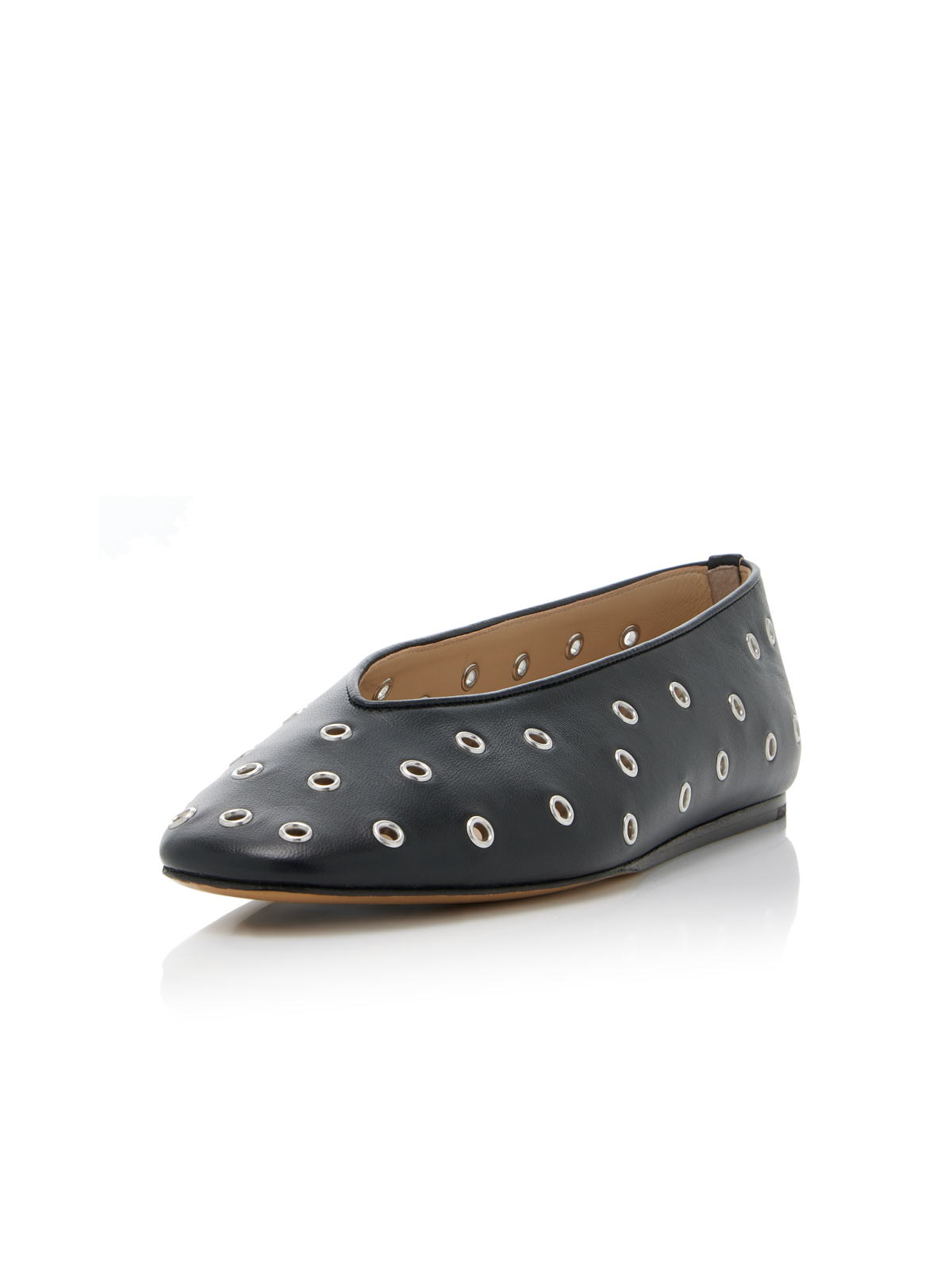 Black Round-Toe Cutout Studded Ballet Flats