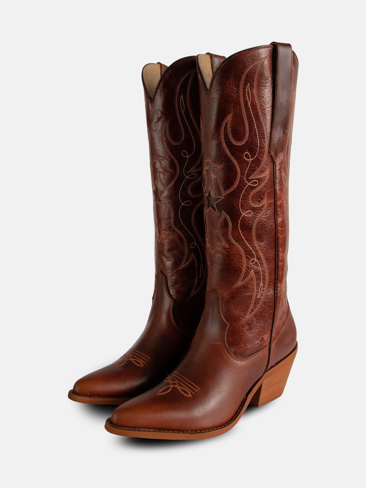 Chocolate Snip-Toe Embroidery Star Inlay Wide Mid Calf Cowgirl Boots