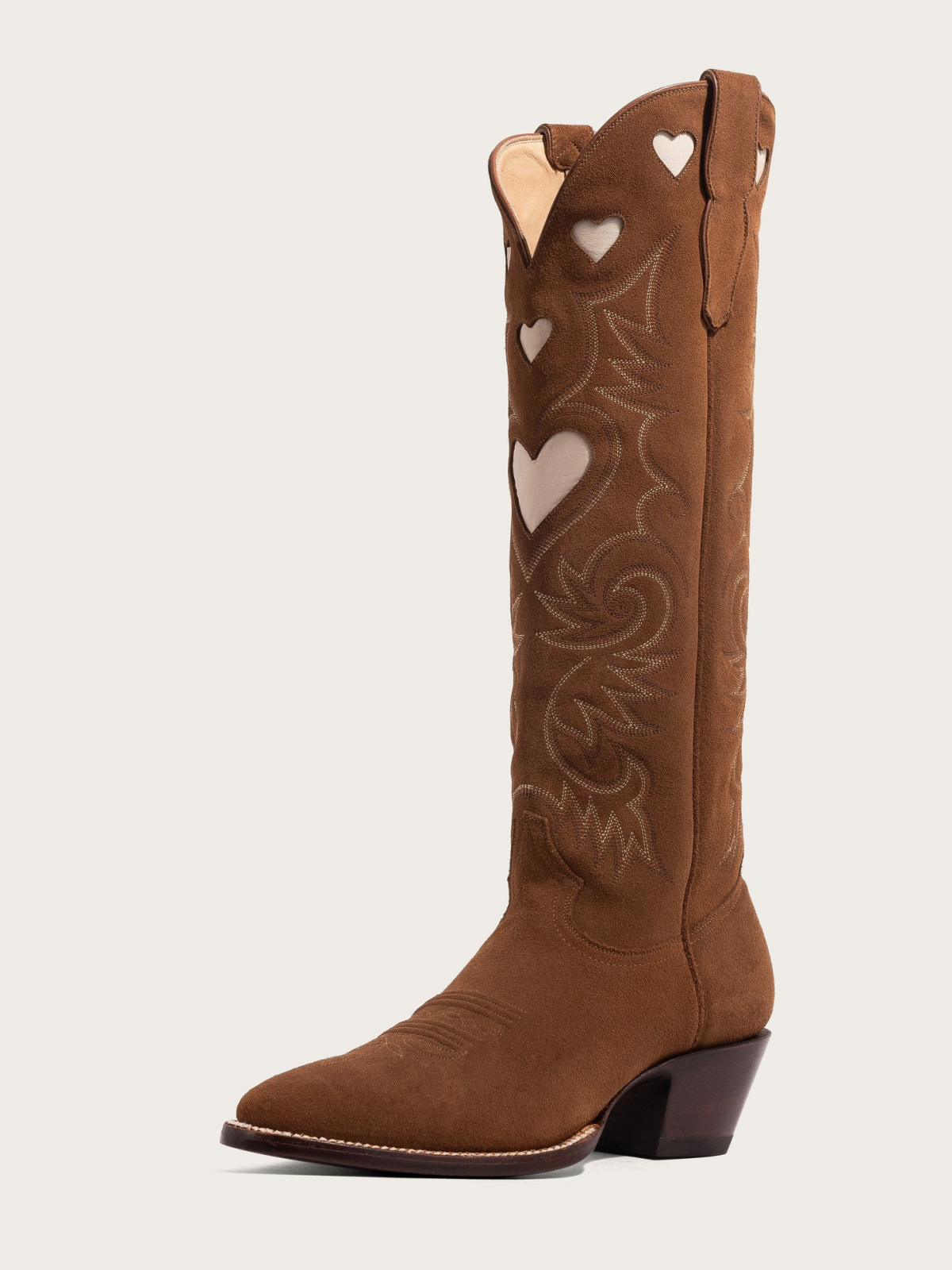 Ivory Heart Inlay Embroidery Almond-Toe Tall Wide Mid Calf Cowgirl Boots - Brown Faux Suede