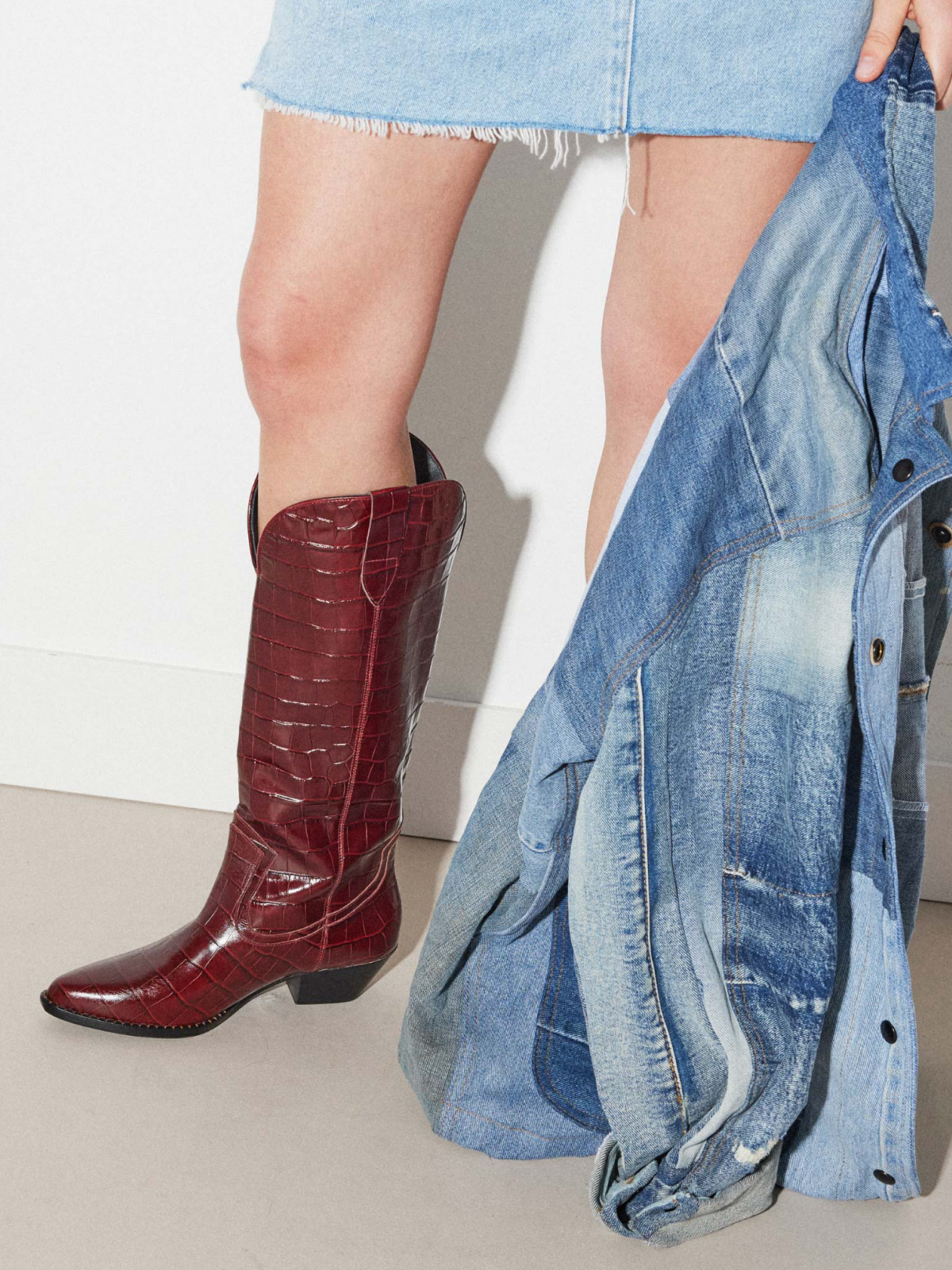 Cherry Red Crocodile-Embossed Snip-Toe Wide Mid Calf Cowgirl Boots