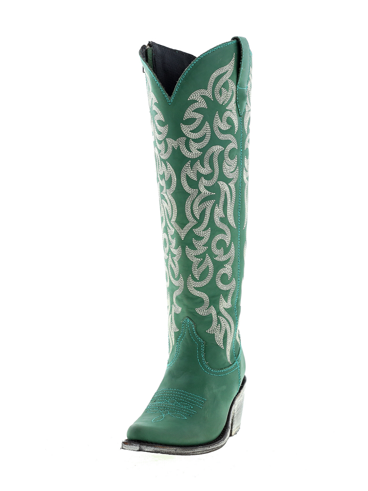 Embroidery Almond-Toe Full-Zip Knee High Tall Cowgirl Boots - Green