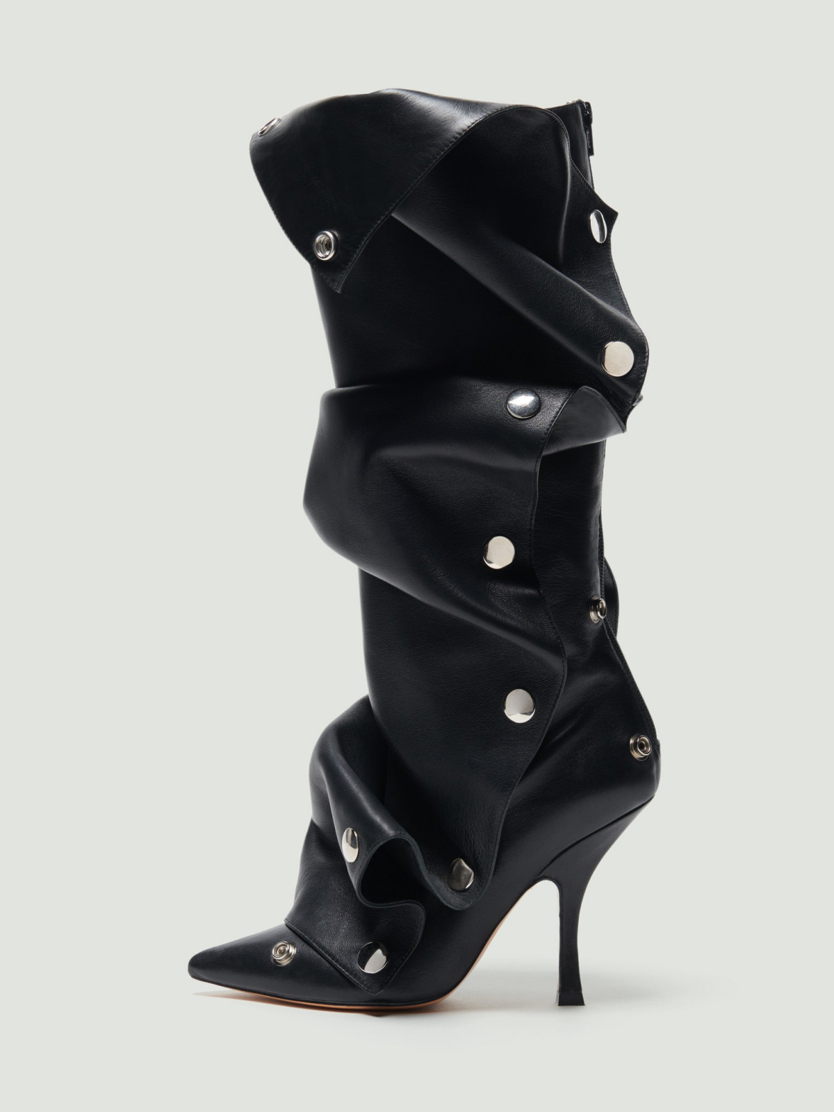 Black Pointed-Toe Detachable Snap Panel Full-Zip Mid Calf Stiletto Boots