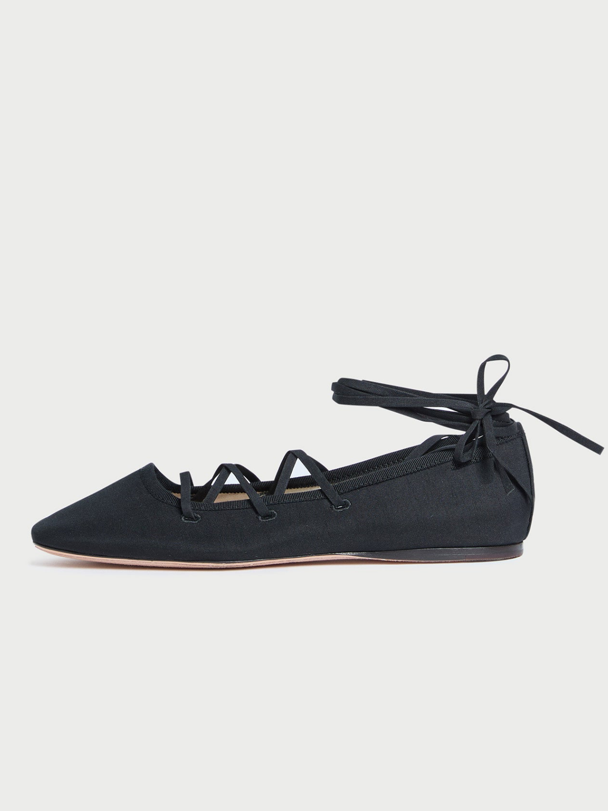 Black Cloth Square-Toe Lace-Up Ballet Flats