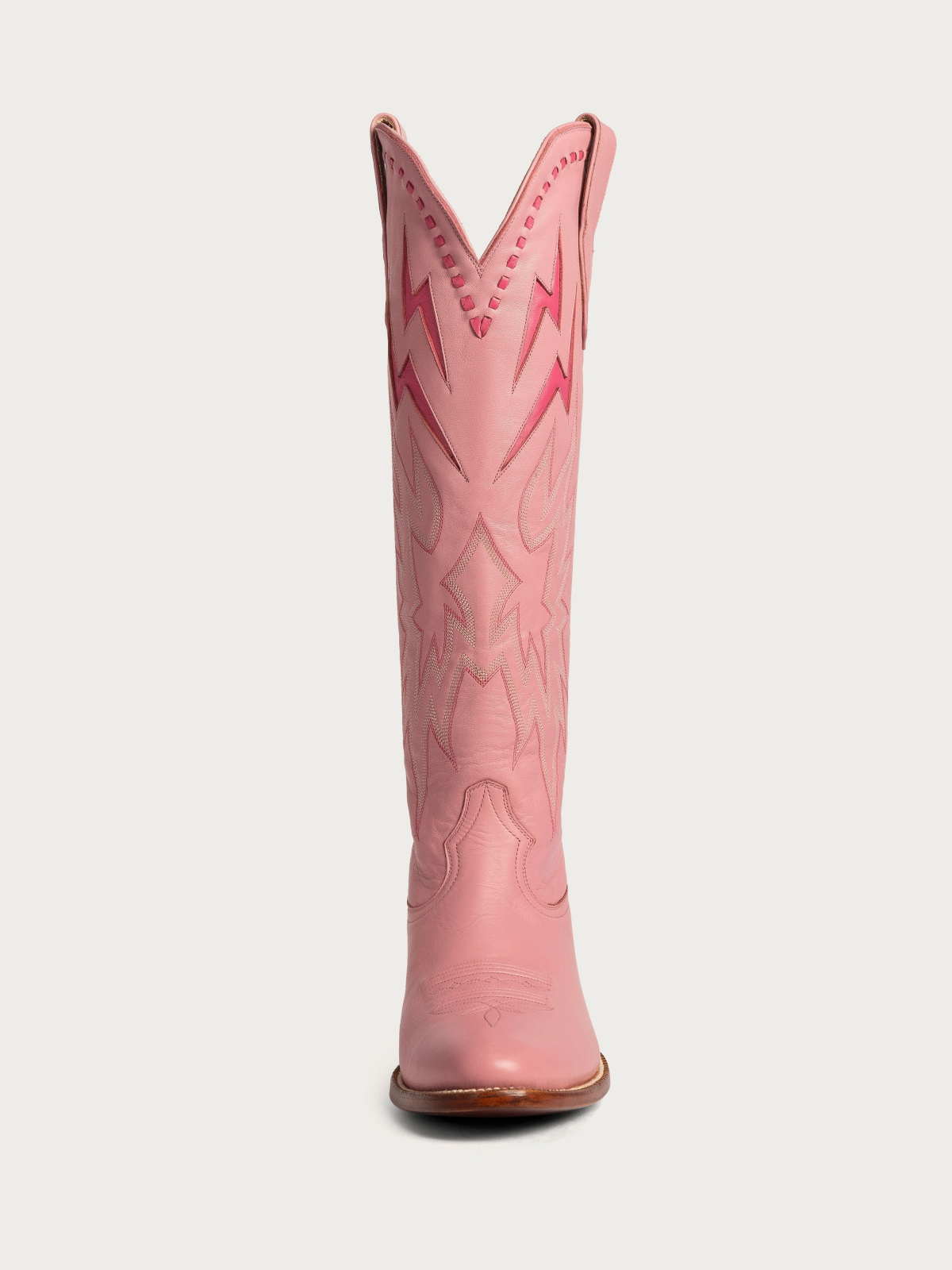 Lightning Inlay Stitch Embroidery Almond-Toe Wide Mid Calf Cowgirl Boots - Pink