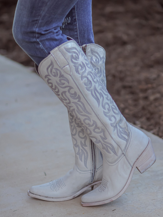 Round Pointed-Toe Embroidery Full-Zip Tall Knee High Cowgirl Boots - Beige