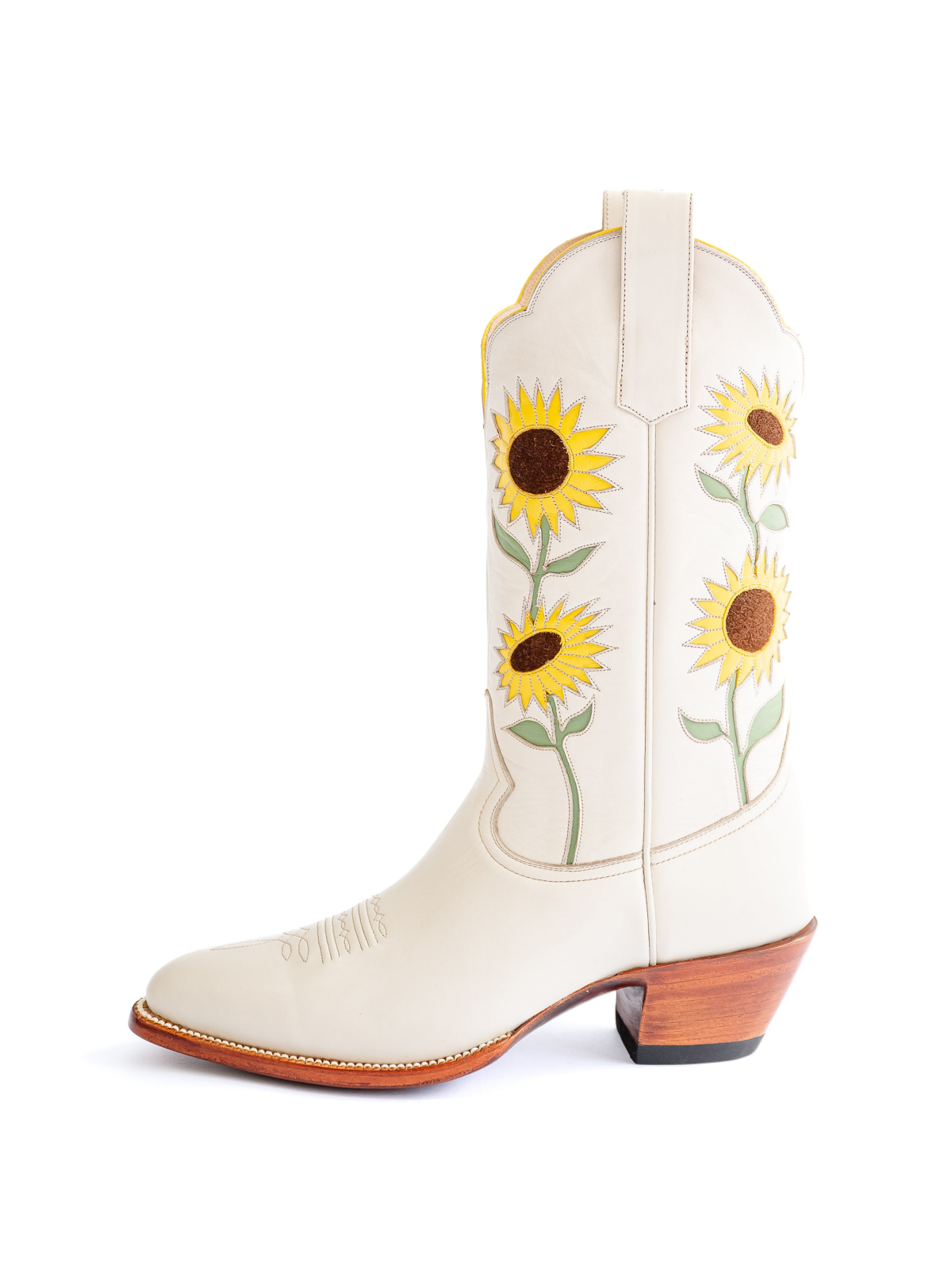 Ivory Faux Suede Sunflower Inlay Almond-Toe Wide Mid Calf Cowgirl Boots