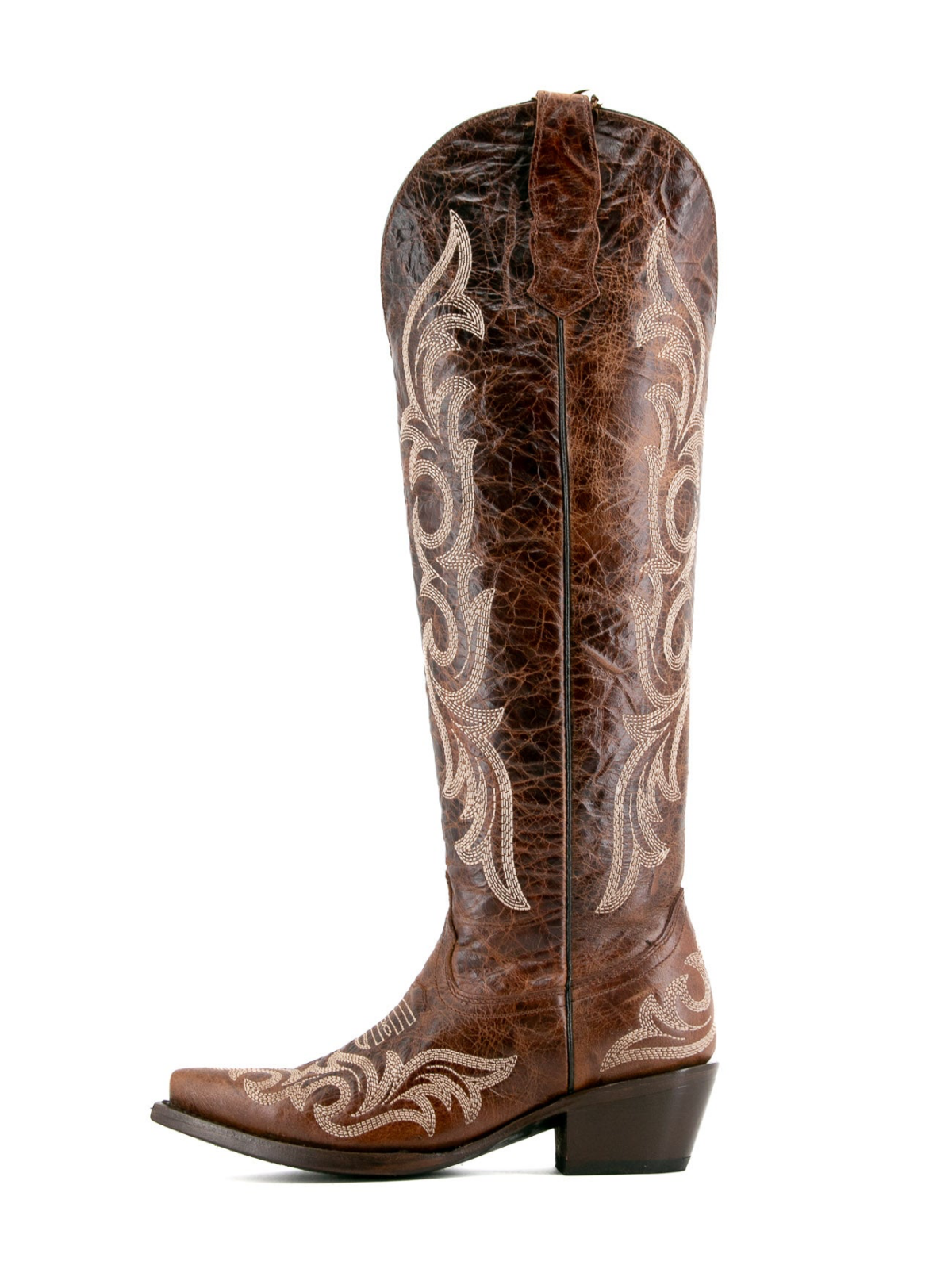 Distressed Camel Embroidery Snip-Toe Tall Half-Zip Knee High Cowgirl Boots