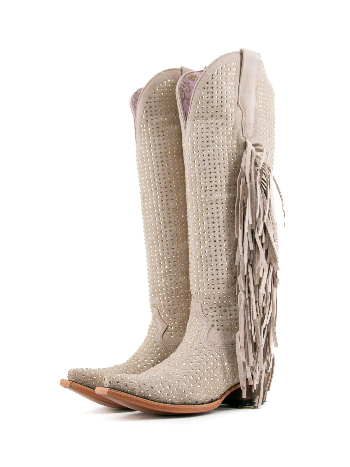 Beige Faux Suede Snip-Toe Half-Zip Fringe Rhinestone Knee High Tall Cowgirl Boots