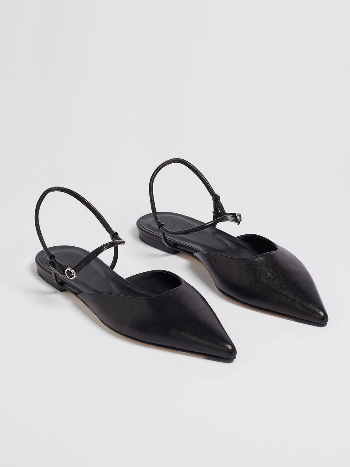 Black Pointed-Toe Vegan Leather Flats With Ankle Strap