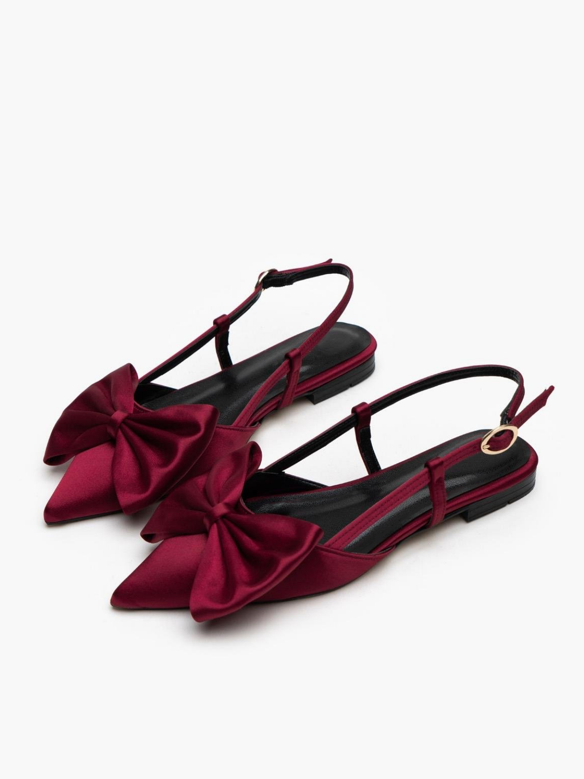 Burgundy Satin Bow Pointy Ballet Flats Slingbacks With Buckled Strap