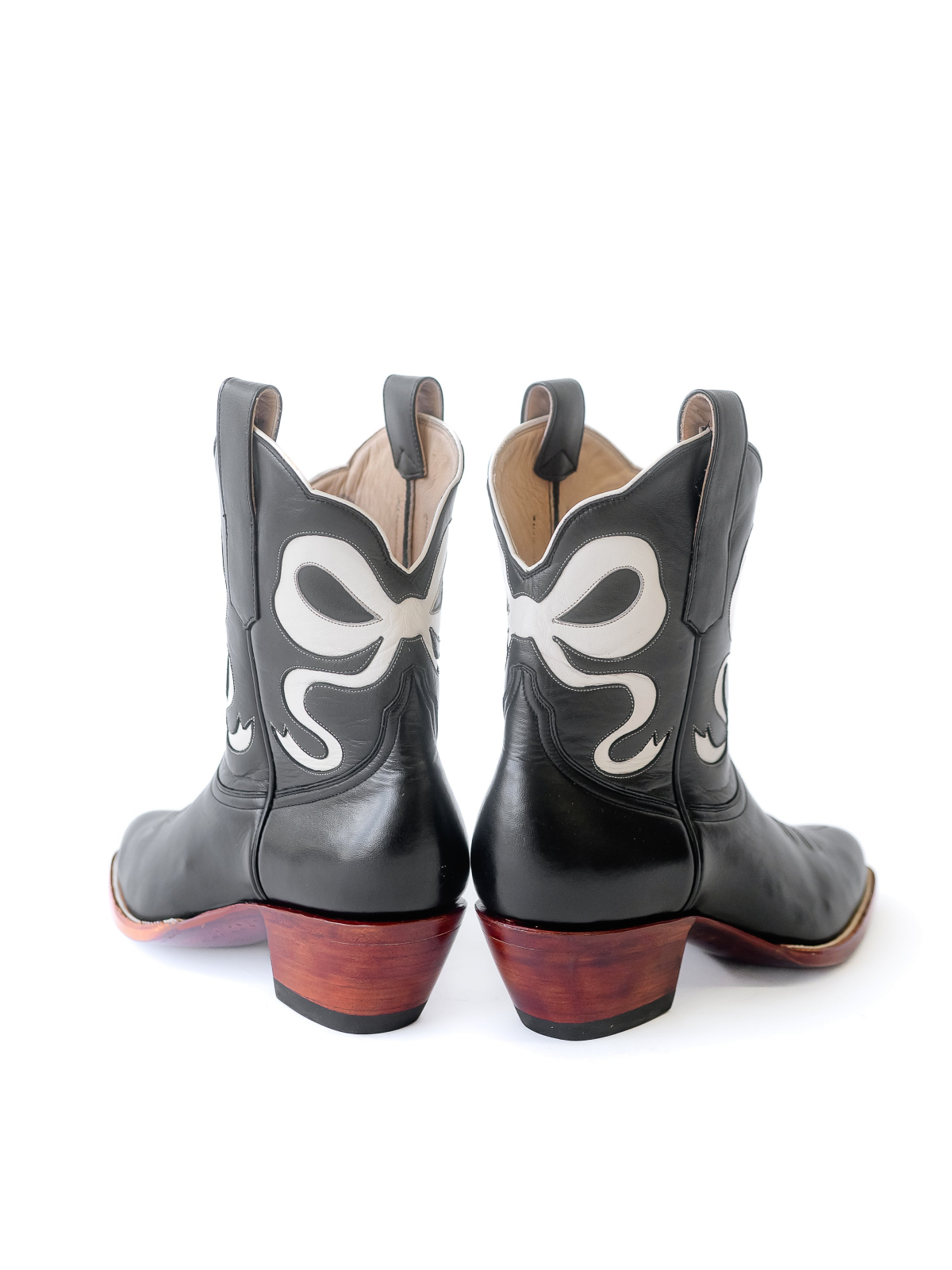 Black Almond-Toe Cowgirl Wide Mid Calf Boots With White Bowknot Inlay