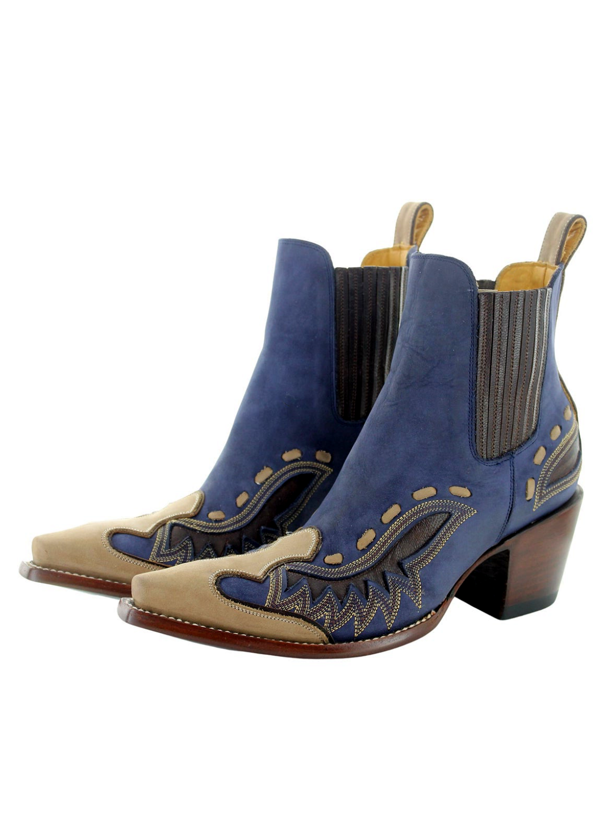 Contrast Blue And Tan Snip-Toe Running Stitch Inlay Ankle Booties