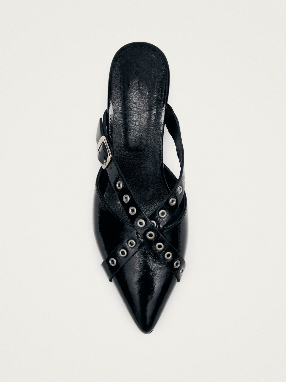 Patent Black Pointed-Toe Eyelet-Embellished Cross Straps Mules