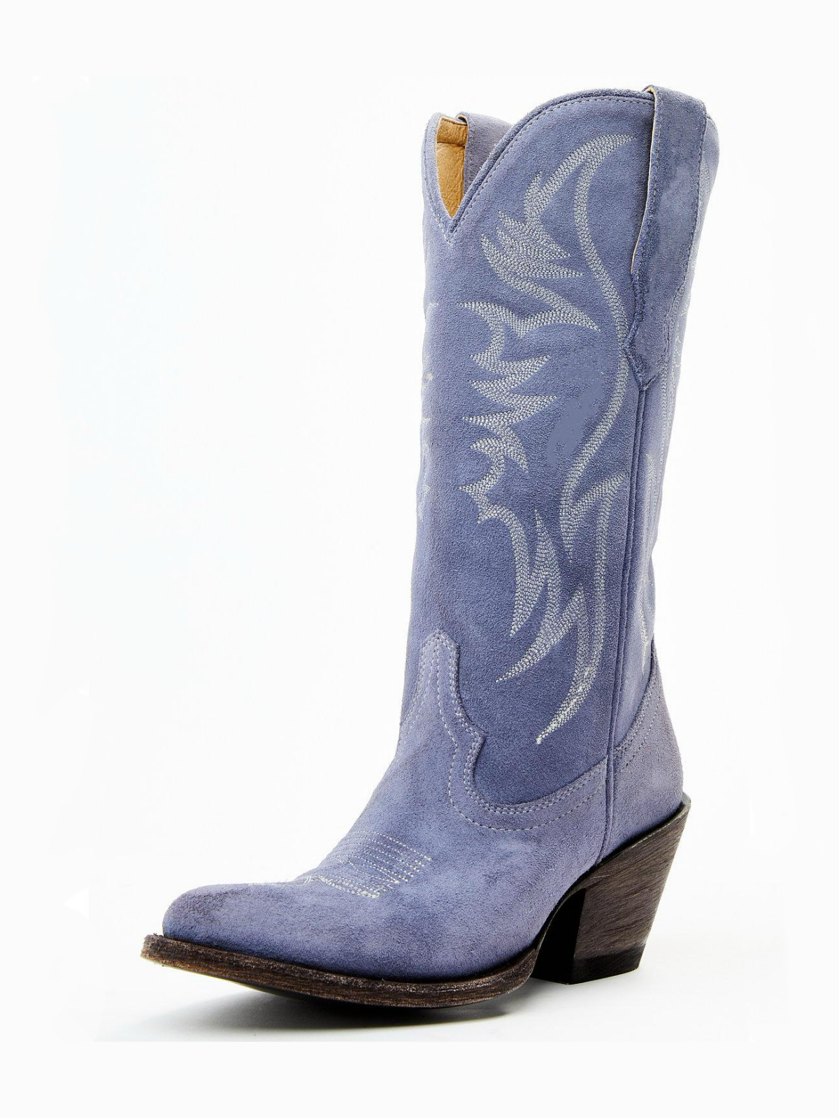 Faux Suede Wings Embroidery Pointed-Toe Wide Mid Calf Tall Cowgirl Boots - Periwinkle