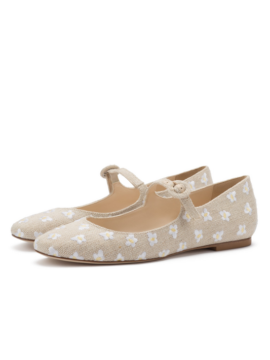 Beige Floral Embroidery Canvas Round-Toe Bridge Starp Ballet Flats