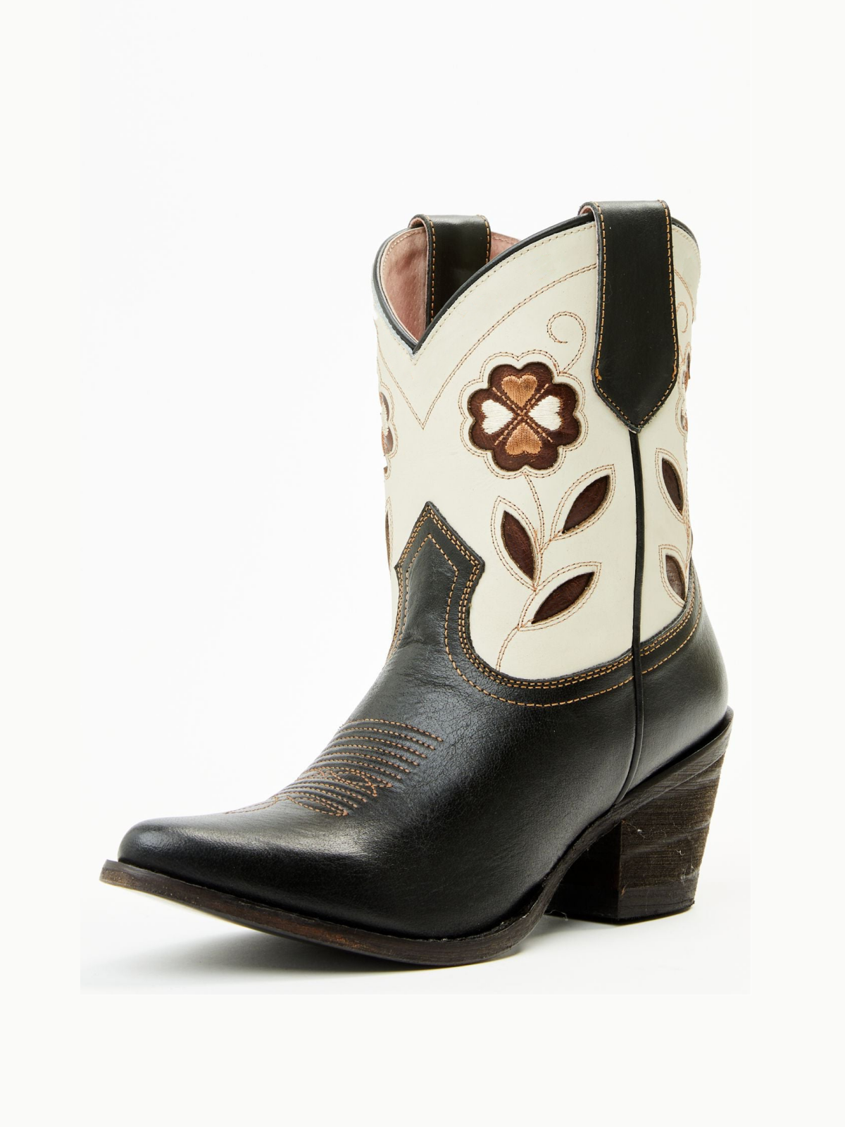 Contrast Black And Cream Almond-Toe Flowers Inlay Wide Mid Calf Cowgirl Boots