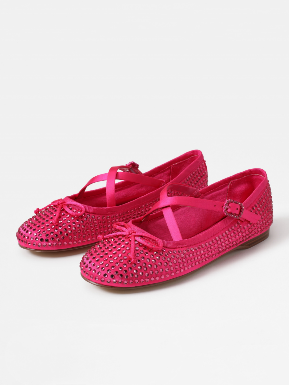 Hot Pink Sparkle Rhinestone Bow Strass Satin Ballerina Flats With Crossed Buckled Strap