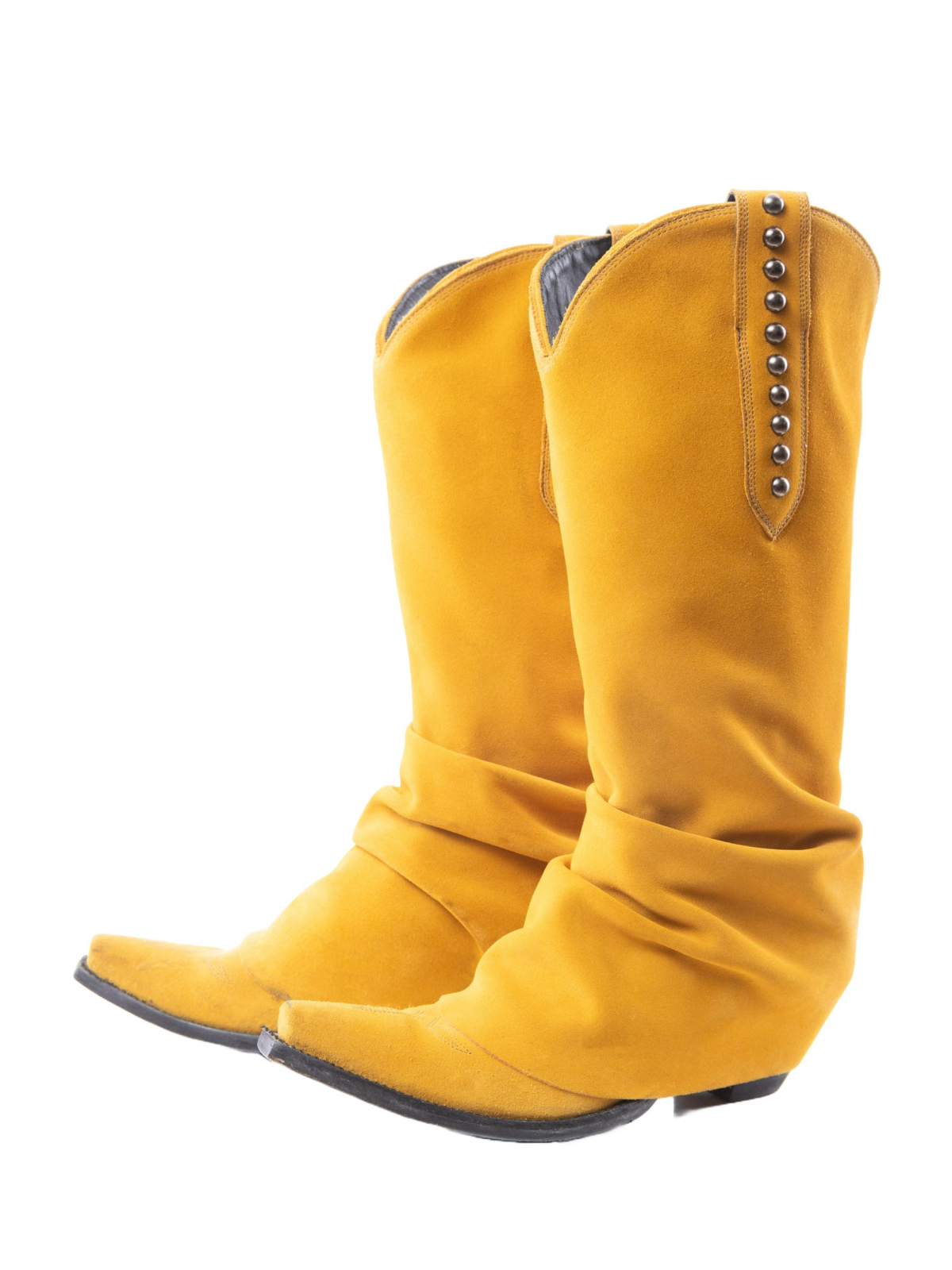 Yellow Faux Suede Snip-Toe Studded Tall Wide Mid Calf Fold-Over Slouch Cowgirl Boots