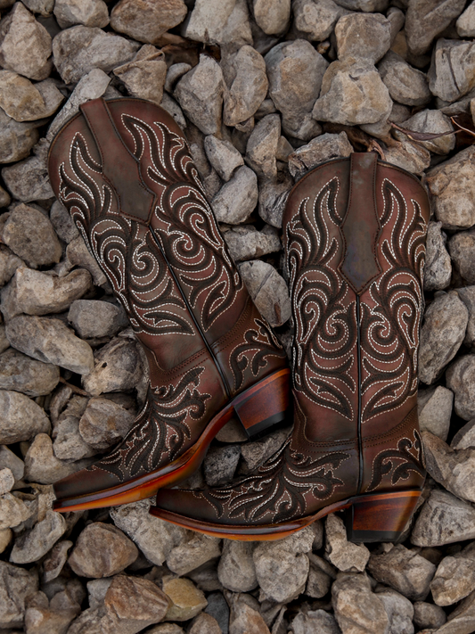 Brown Snip-Toe Thick Embroidery Wide Mid Calf Cowgirl Boots