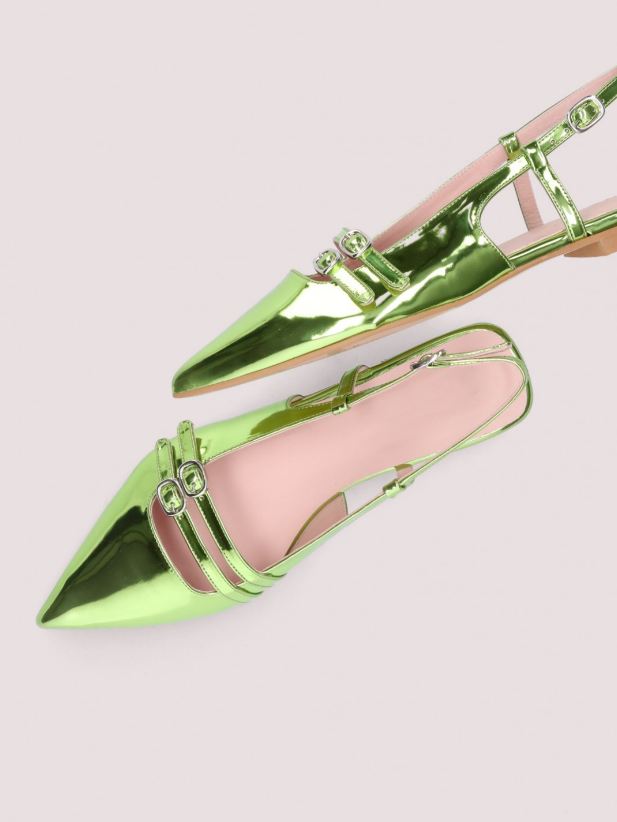 Metallic Lime Green Pointy Buckled Strappy Slingback Ballet Flats