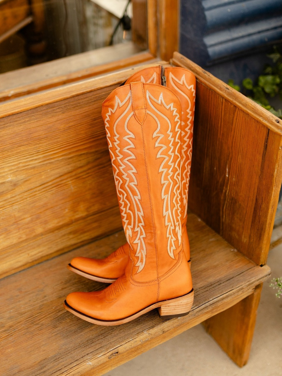 Full-Zip Almond-Toe Classic Embroidery Tall Knee High Cowgirl Boots - Orange