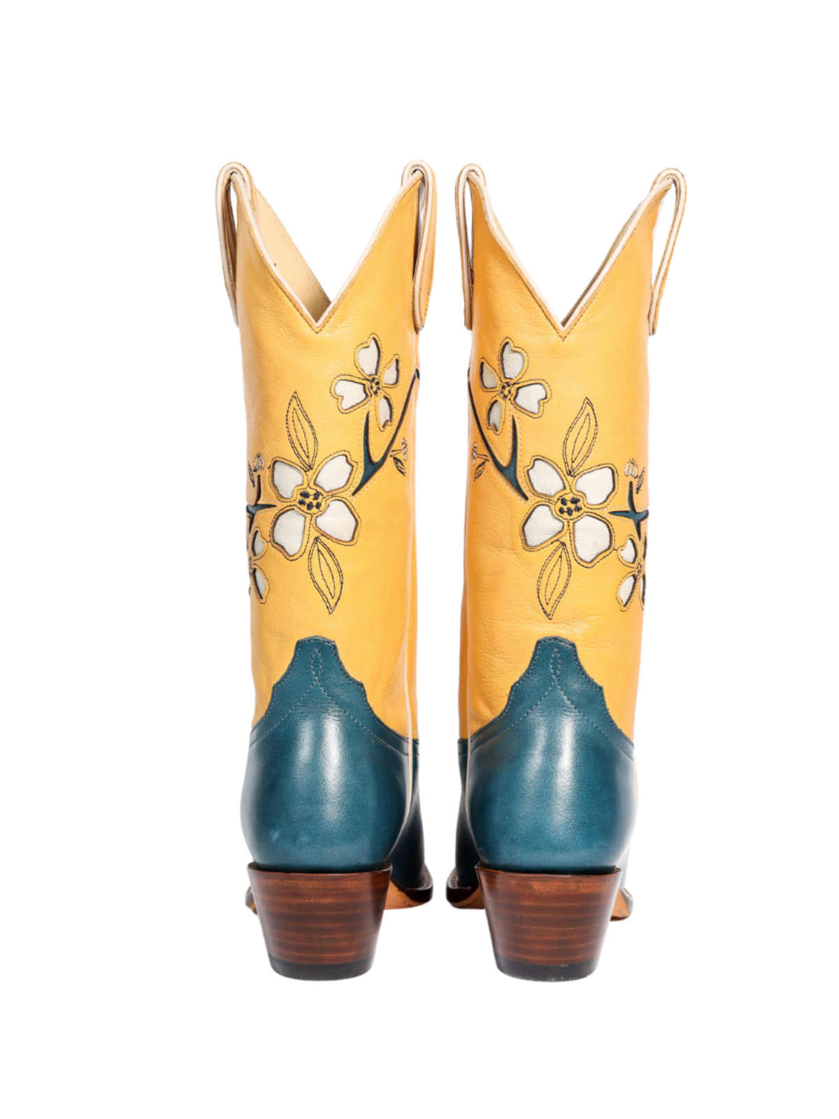 Contrast Yellow And Turquoise Almond-Toe Fresh Flower Inlay Wide Mid Calf Cowgirl Boots