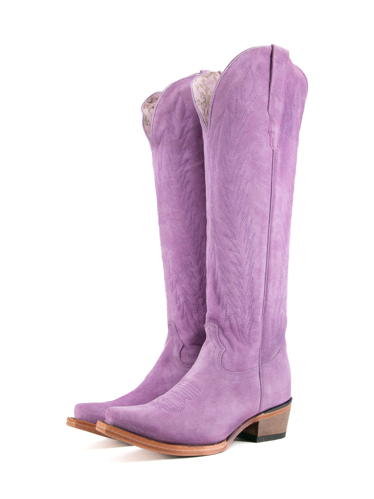 Faux Suede Snip-Toe Half-Zip Embroidery Knee High Tall Cowgirl Boots - Purple