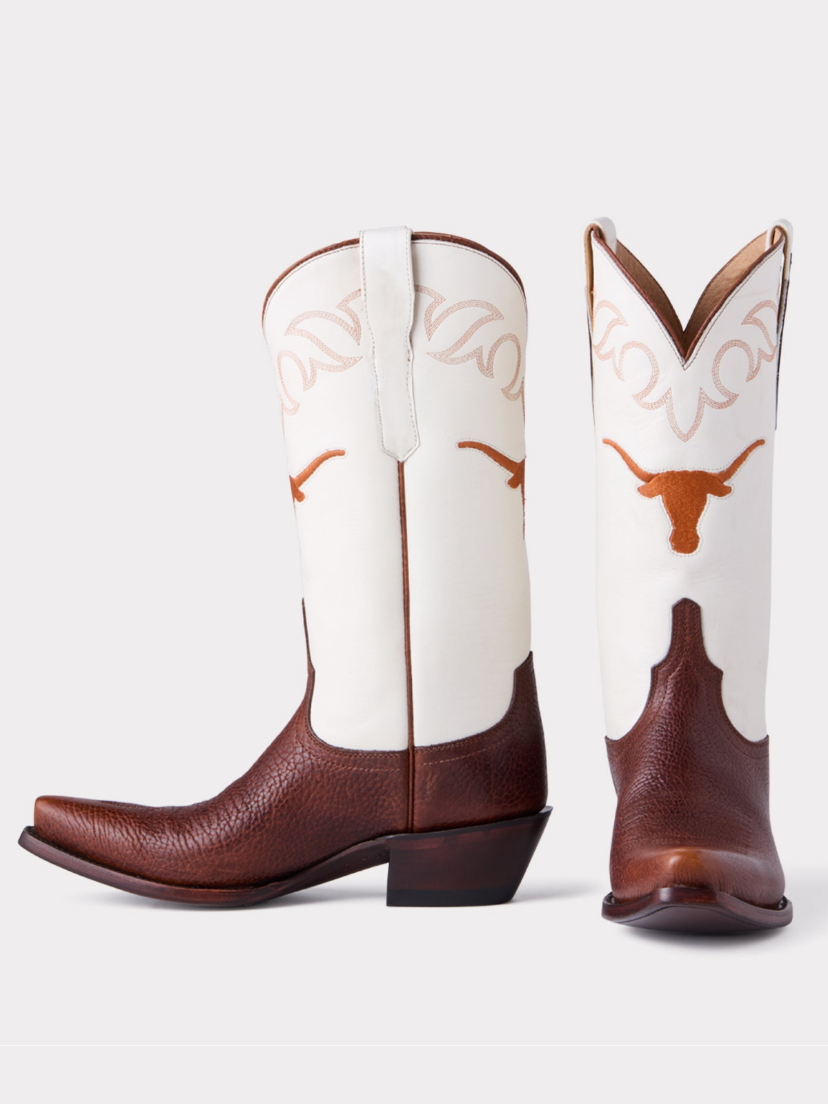 Contrast Chocolate And White Snip-Toe Longhorn Embroidery Wide Mid Calf Tall Cowgirl Boots