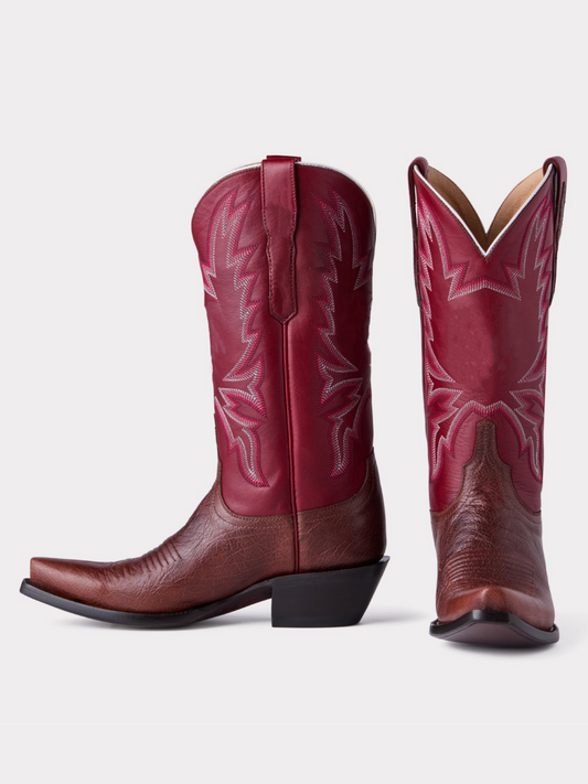 Contrast Chocolate And Red Snip-Toe Embroidery Wide Mid Calf Tall Cowgirl Boots