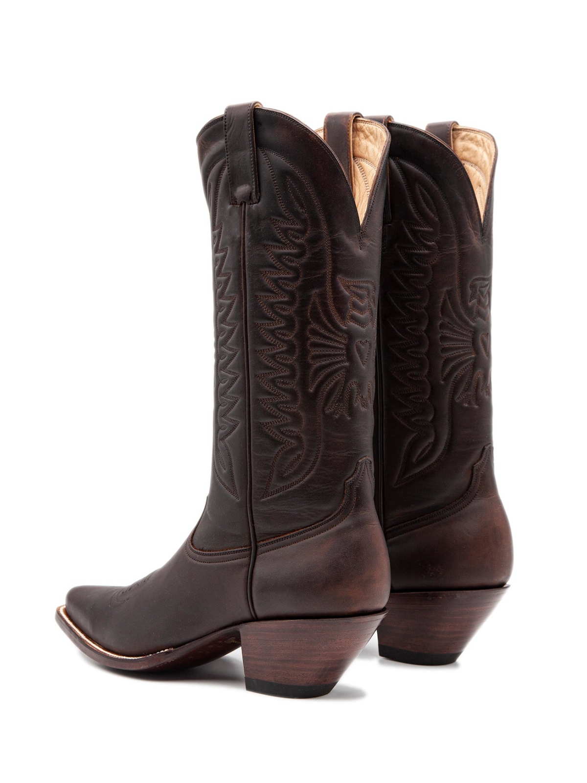 Dark Brown Eagle And Heart Embroidery Snip-Toe Wide Mid Calf Tall Cowgirl Boots