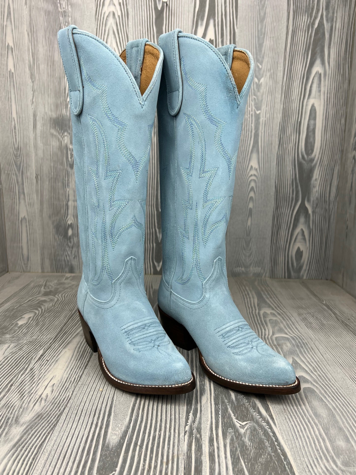 Baby Blue Embroidery Faux Suede Almond-Toe Tall Wide Mid Calf Cowgirl Boots