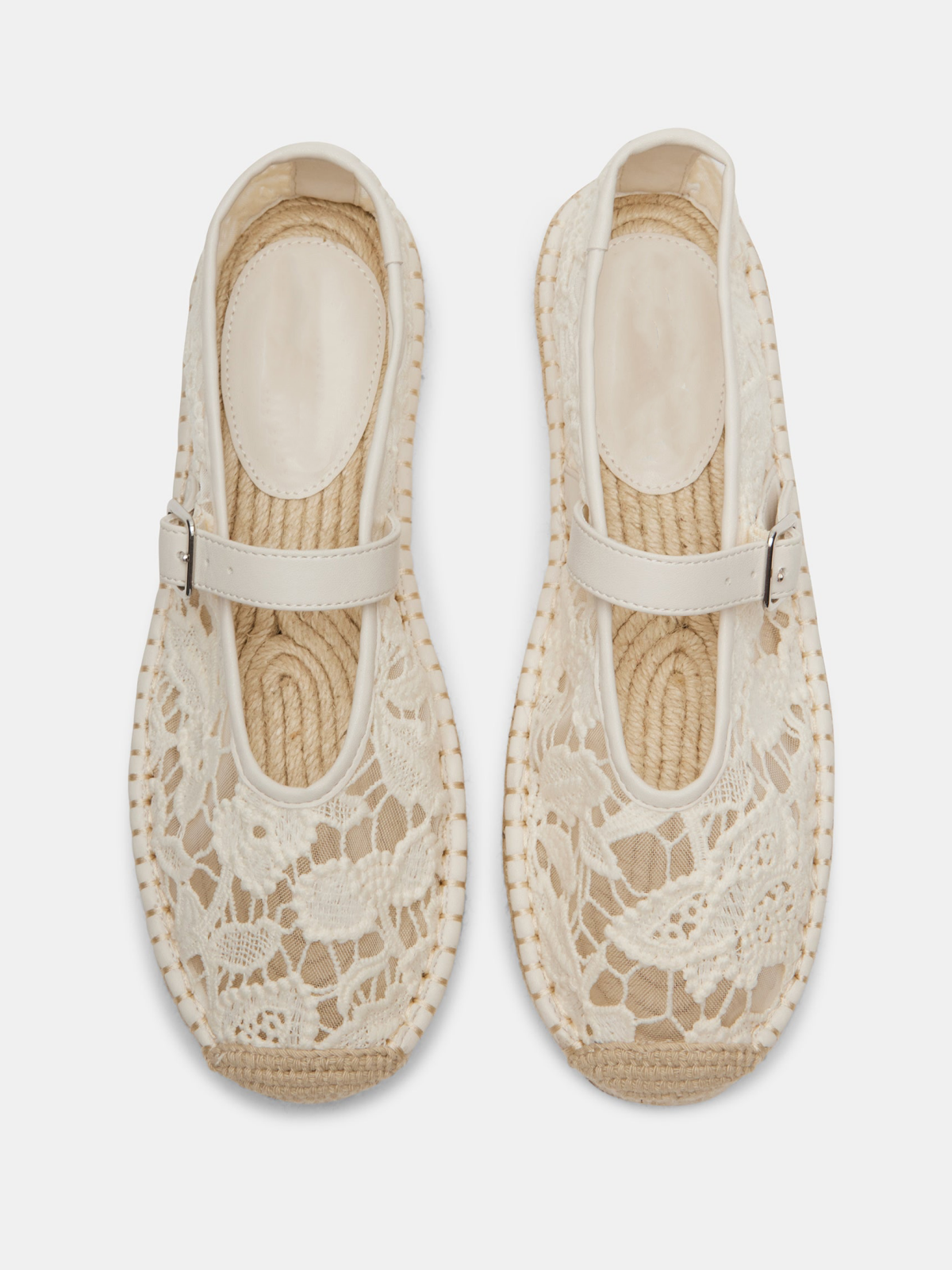 White Round-Toe Bridge Strap Side Buckle Lace Mesh Mary Janes Espadrille Flats