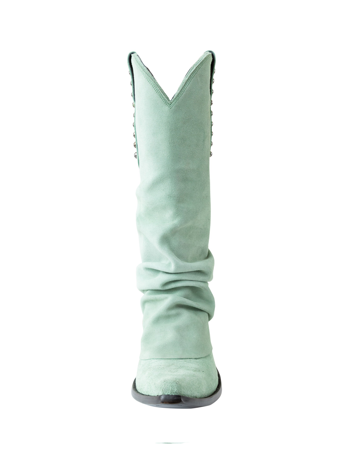 Light Green Faux Suede Snip-Toe Studded Tall Wide Mid Calf Fold-Over Slouch Cowgirl Boots