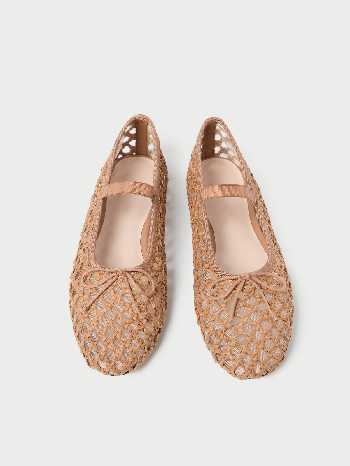 Tan Almond-Toe Straw-Woven Elastic Bridge Strap Bow Mesh Ballet Flats