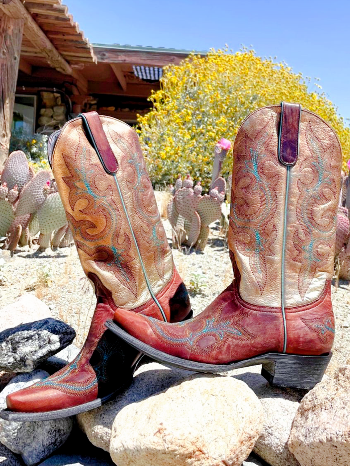 Contrast Distressed Brown And Metallic Gold Snip-Toe Embroidery Wide Mid Calf Tall Cowgirl Boots