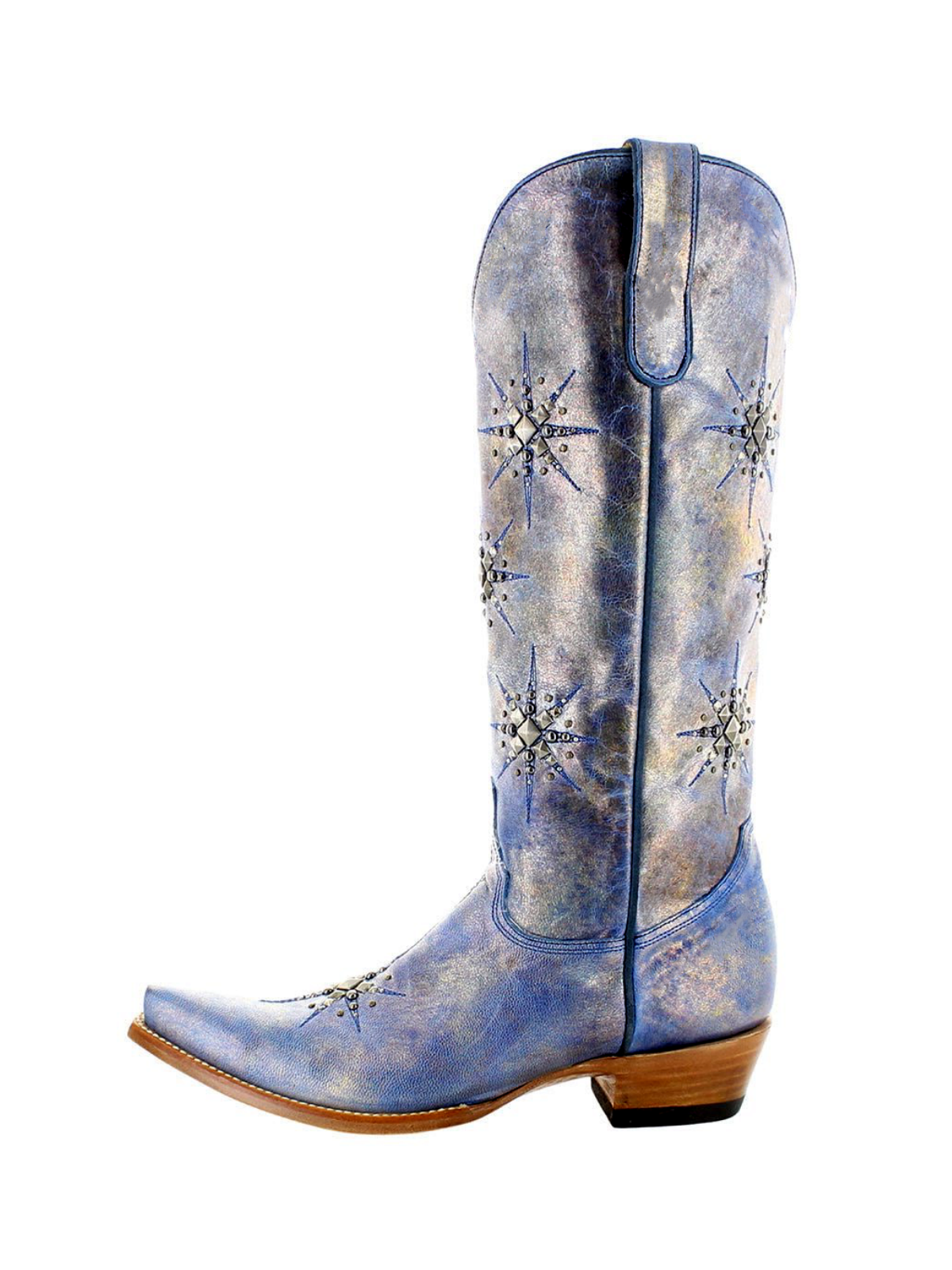 Metallic Blue Snip-Toe Studded Stars Full-Zip Mid Calf Cowgirl Boots