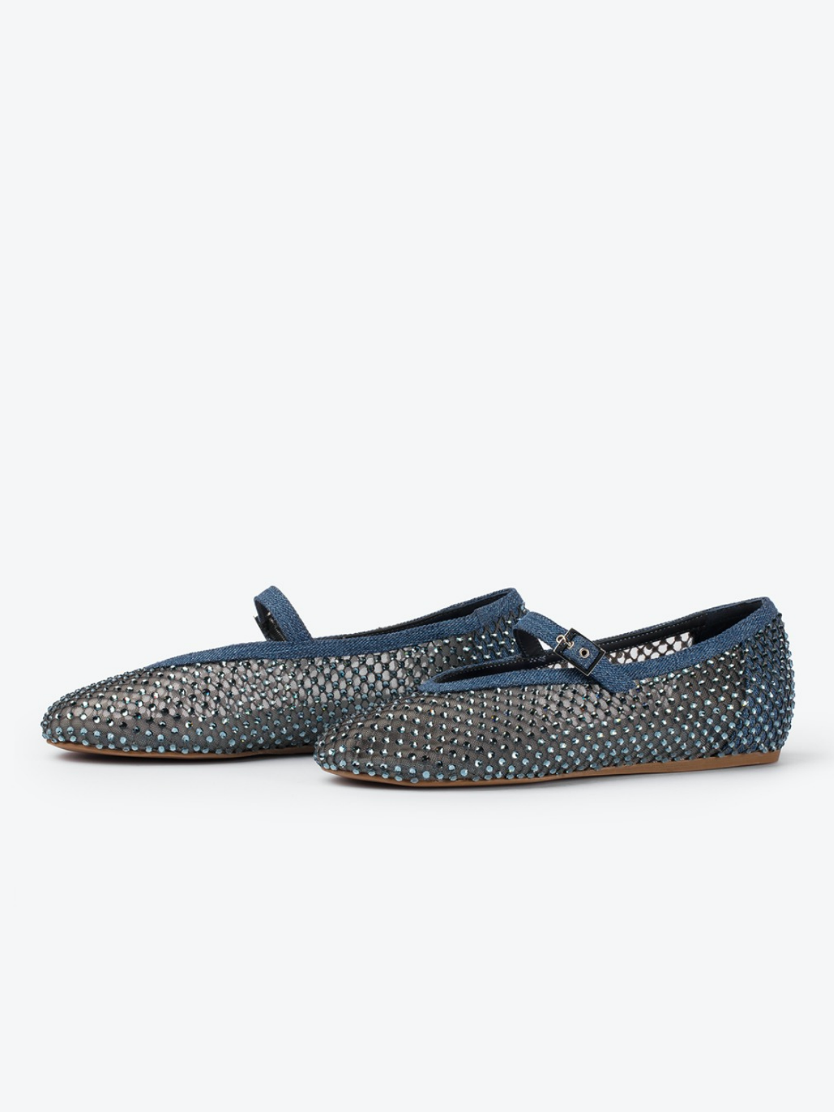 Denim Blue Rhinestone Fishnet Round-Toe Ballet Flats Mary Janes