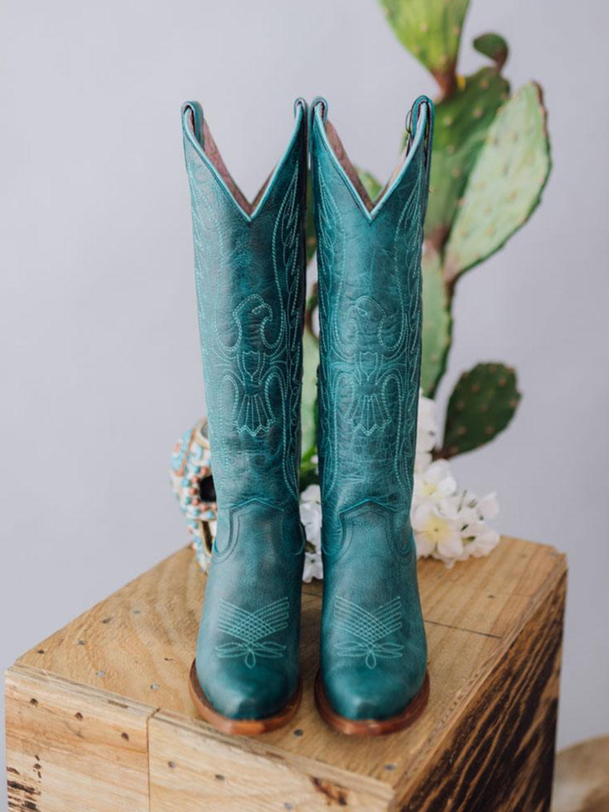 Distressed Turquoise Eagle Embroidery Snip-Toe Half-Zip Cowgirl Knee High Tall Boots