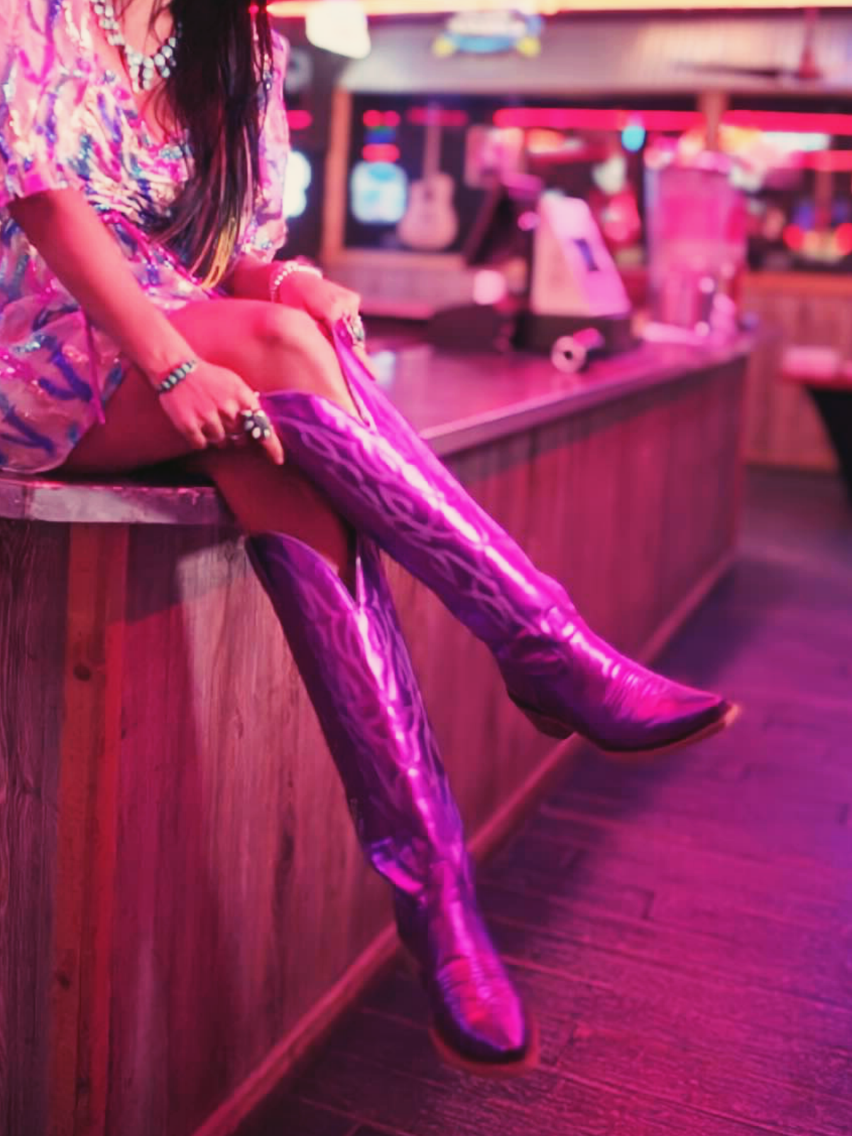 Metallic Purple Embroidery Snip-Toe Wide Calf Western Boots Knee High Tall Boots