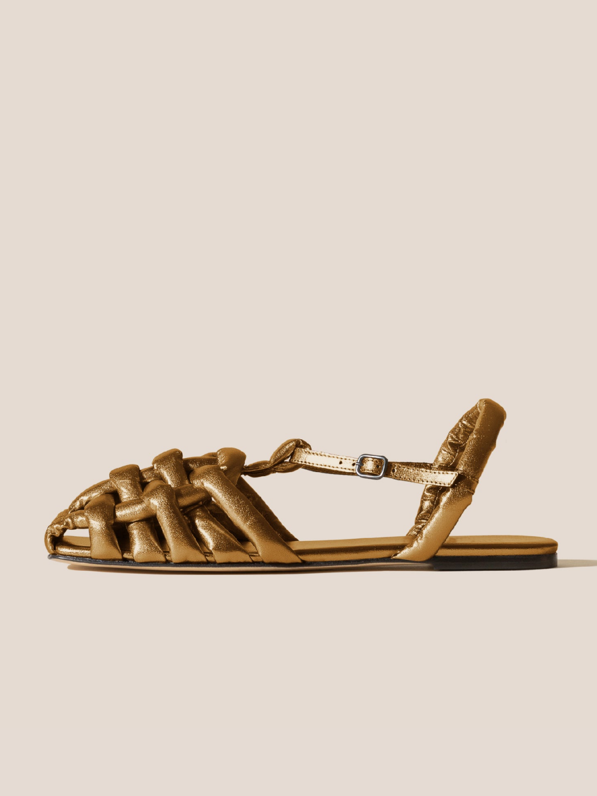 Metallic Gold Padded Strap Interwined Square-Toe Flats Sandals With Ankle T-Strap