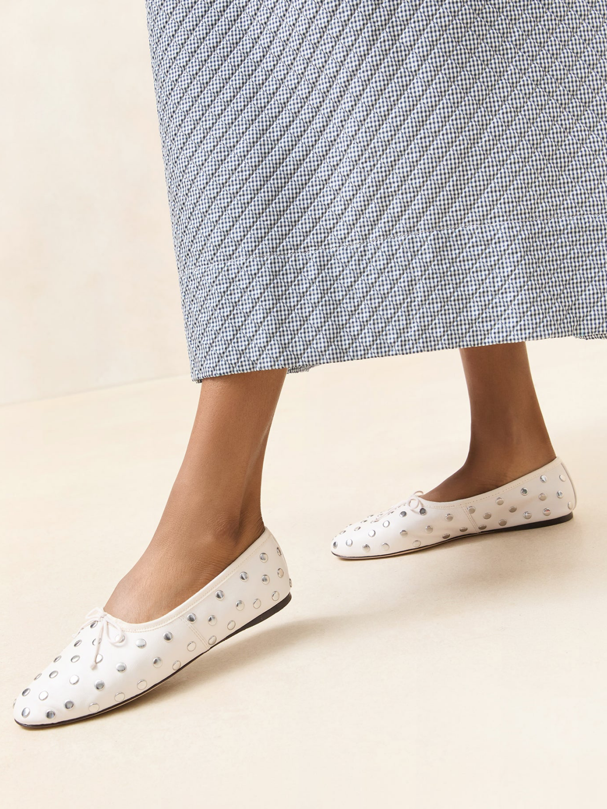 White Almond-Toe Bow Ballet Flats With Silver Studs