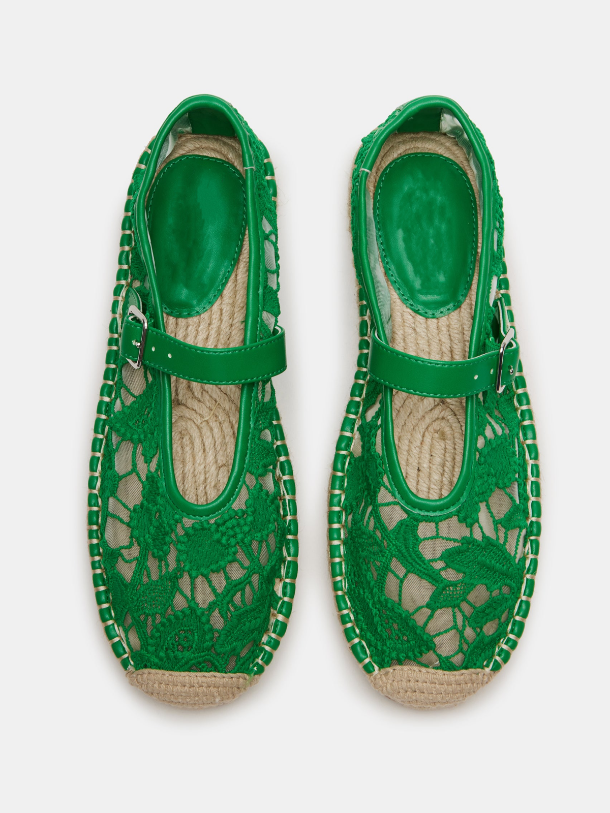 Green Round-Toe Bridge Strap Side Buckle Lace Mesh Mary Janes Espadrille Flats