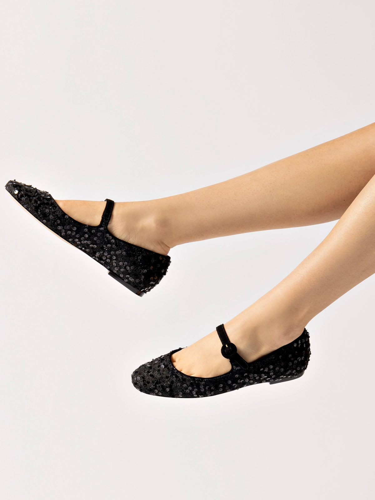 Black Faux Suede Round-Toe Bridge Starp Ballet Flats With Sequins