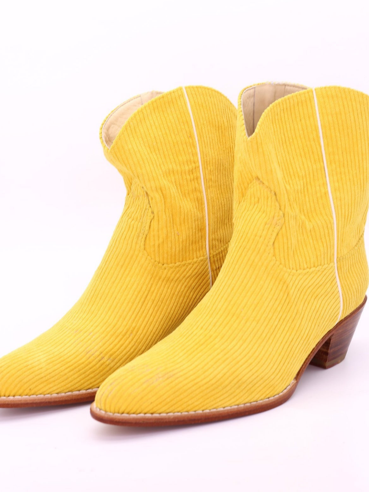 Yellow Striped Velveteen Almond-Toe Back-Zip Mid Calf Cowgirl Boots