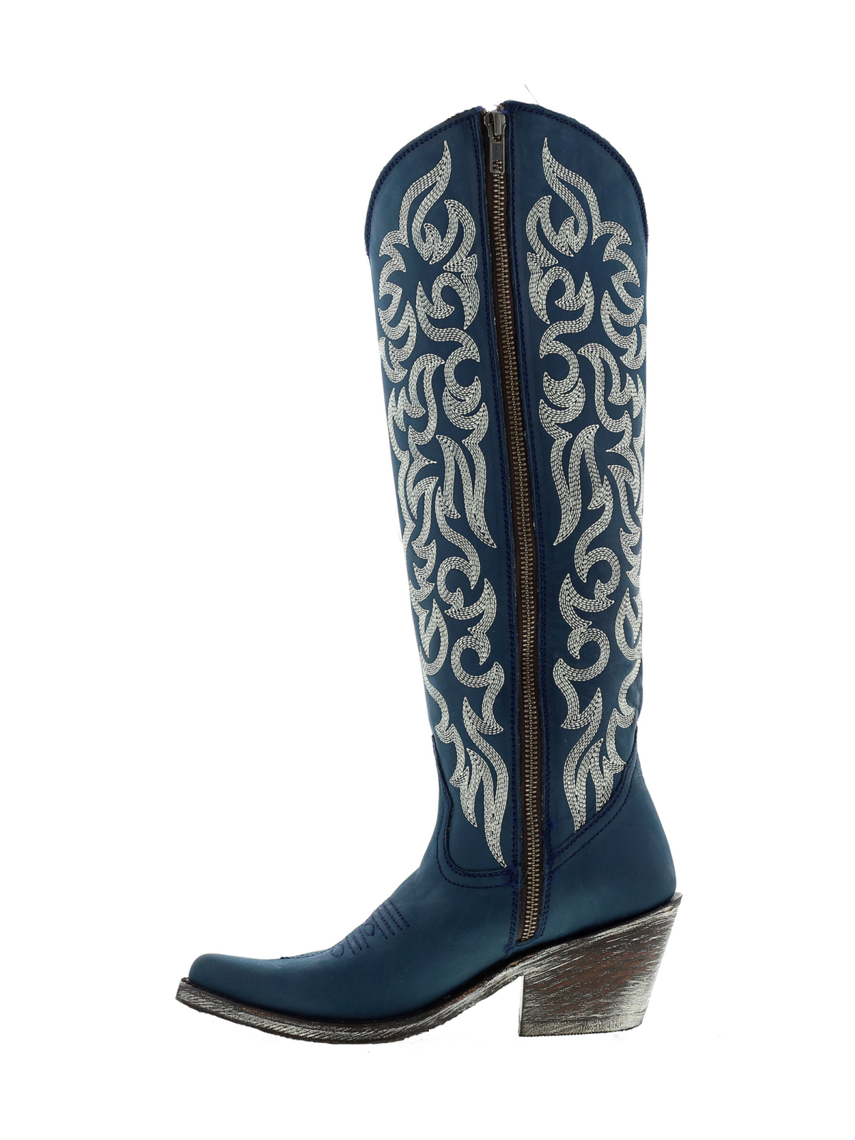 Embroidery Almond-Toe Full-Zip Knee High Tall Cowgirl Boots - Dark Blue